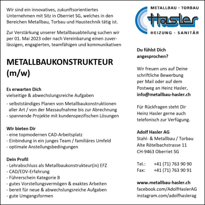 Adolf Hasler AG - Stelleninserat Metallbauer EFZ - 2015-12